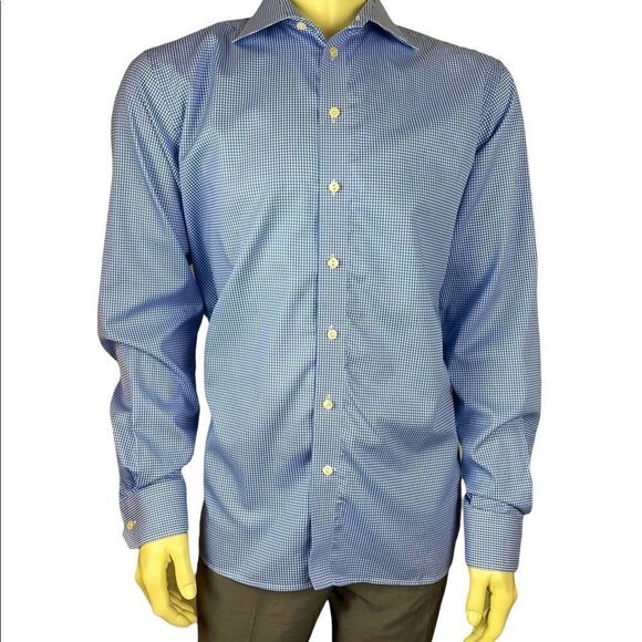 Gently Used Light Blue and White Houndstooth Check Zegna L/S Dress Shirt Size M - Picture 1 of 7